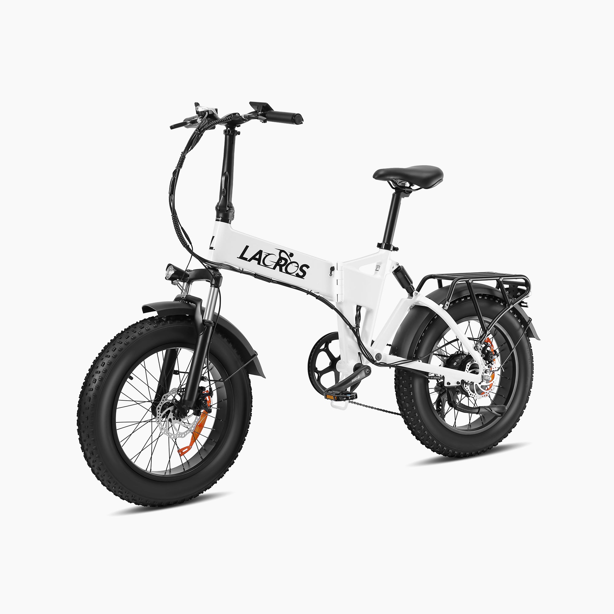 White Foldable electric bike with black wheels, featuring the brand 'LACROS' #color_white