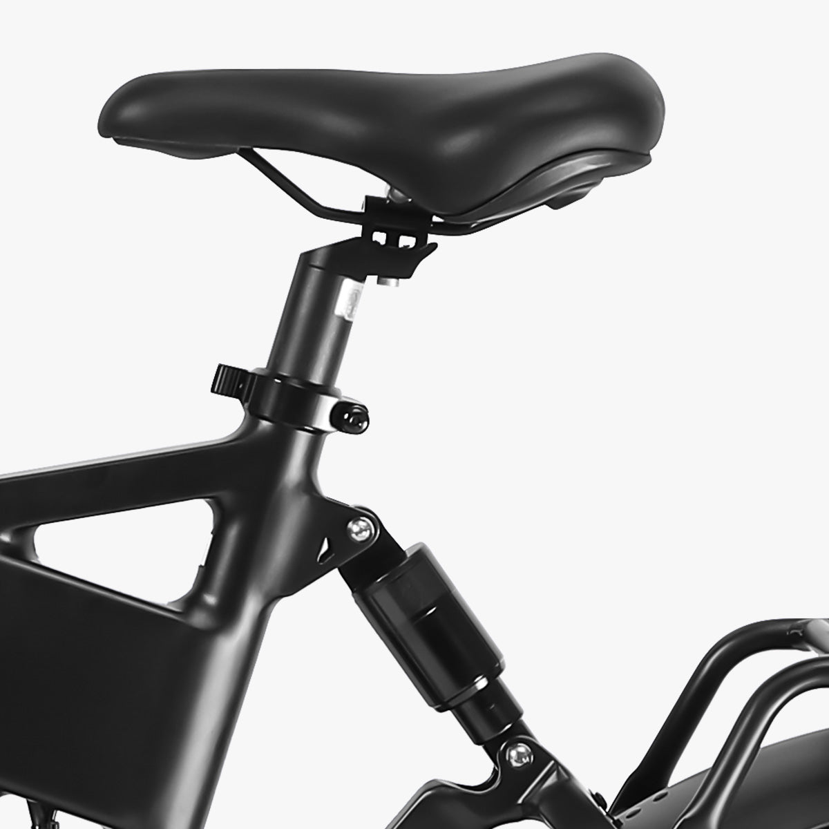  black ebike seat and frame of Pinecone Folding ebike 